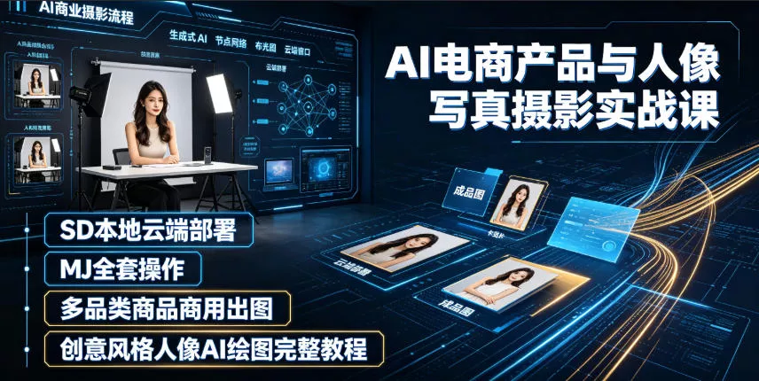 AI电商产品与人像写真摄影实战课｜SD本地云端部署、MJ全套操作、多品类商品商用出图、创意风格人像AI绘图完整教程 - 52网创-52网创