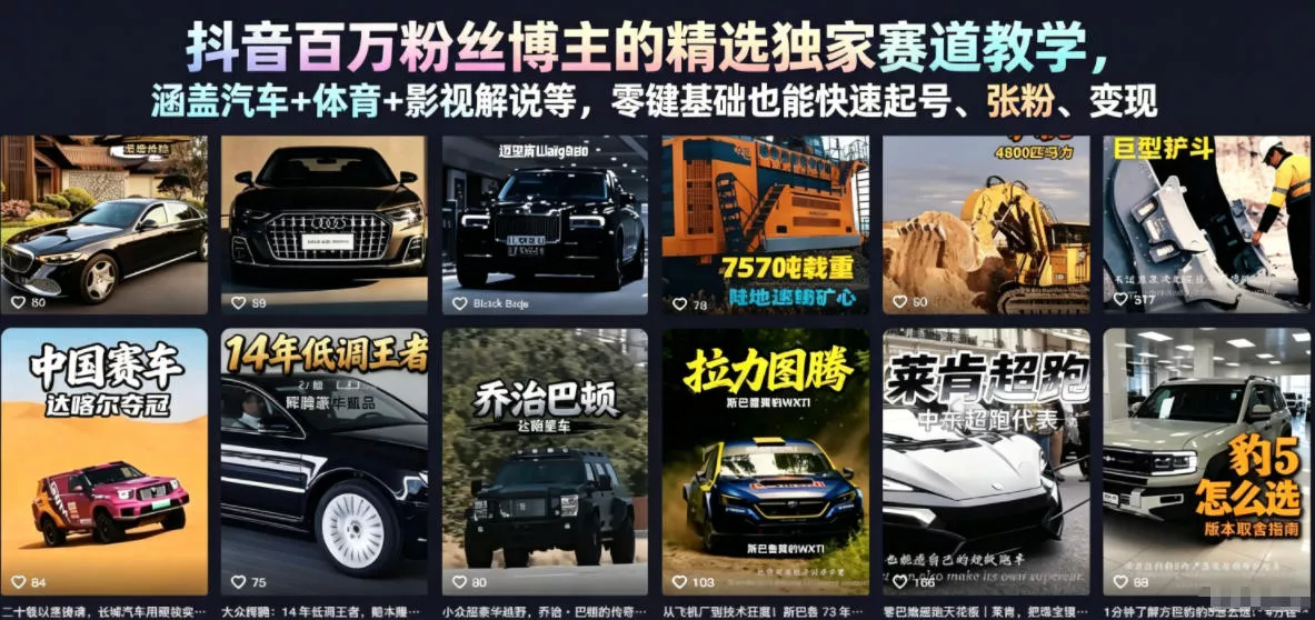 抖音百万粉丝博主的精选独家赛道教学，涵盖汽车+体育+影视解说等，零基础也能快速起号、涨粉、变现(更新0701) - 52网创-52网创