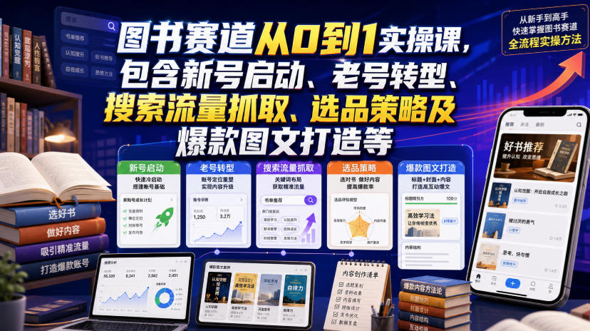 图书赛道从0到1实操课，包含新号启动、老号转型、搜索流量抓取、选品策略及爆款图文打造等 - 52网创-52网创