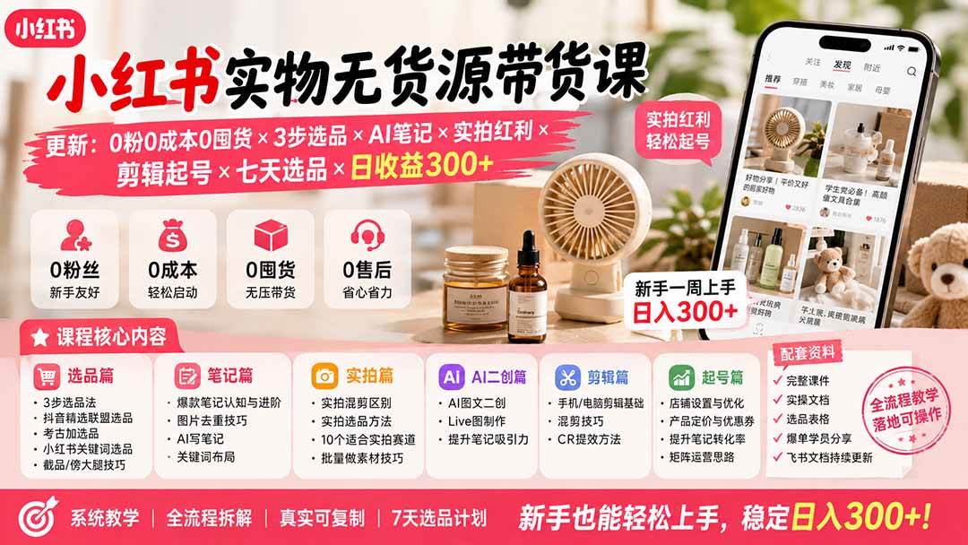 （19840期）小红书实物无货源带货课-更新：0粉0成本0囤货×3步选品×AI笔记×实拍红利×剪辑起号×七天选品×日收益300+-52网创