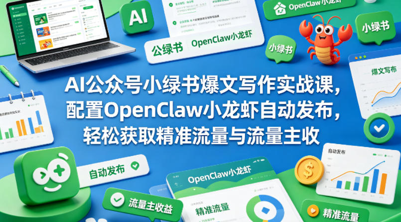 AI公众号小绿书爆文写作实战课，配置OpenClaw小龙虾自动发布，轻松获取精准流量与流量主收益 - 52网创-52网创