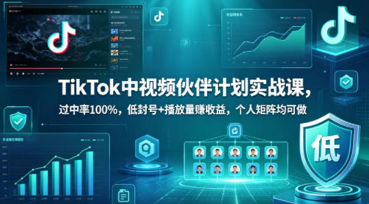 TikTok中视频伙伴计划实战课，过中率100%，低封号+播放量賺收益，个人矩阵均可做 - 52网创-52网创