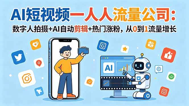 （18864期）AI短视频一人流量公司：数字人拍摄+AI自动剪辑+热门涨粉，从0到1流量增长 - 52网创-52网创