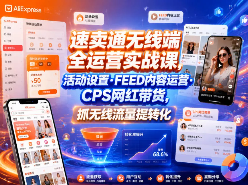 速卖通无线端全运营实战课，活动设置・FEED内容运营・CPS网红带货，抓无线流量提转化 - 52网创-52网创