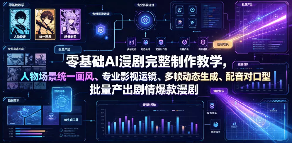 零基础AI漫剧完整制作教学，人物场景统一画风、专业影视运镜、多帧动态生成、配音对口型，批量产出剧情爆款漫剧 - 52网创-52网创