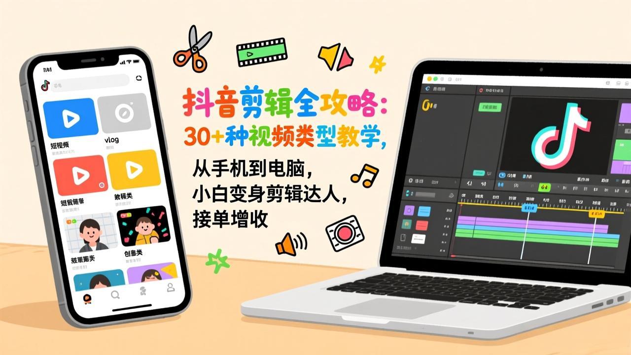 抖音剪辑全攻略：30+种视频类型教学，从手机到电脑，小白变身剪辑达人，接单增收-52网创