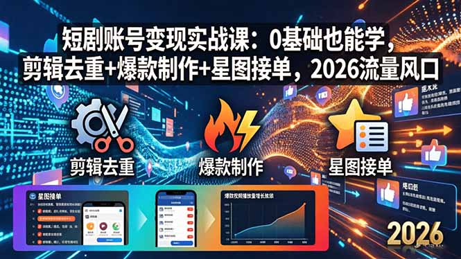 短剧账号变现实战课：0基础也能学，剪辑去重+爆款制作+星图接单，2026流量风口 - 52网创-52网创