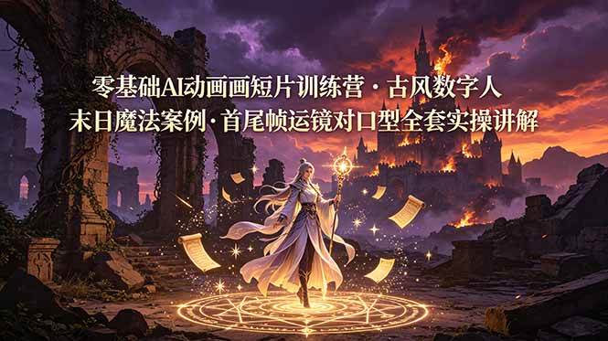 （19078期）零基础AI动画短片训练营，古风数字人末日魔法案例，首尾帧运镜对口型全套实操讲解 - 52网创-52网创
