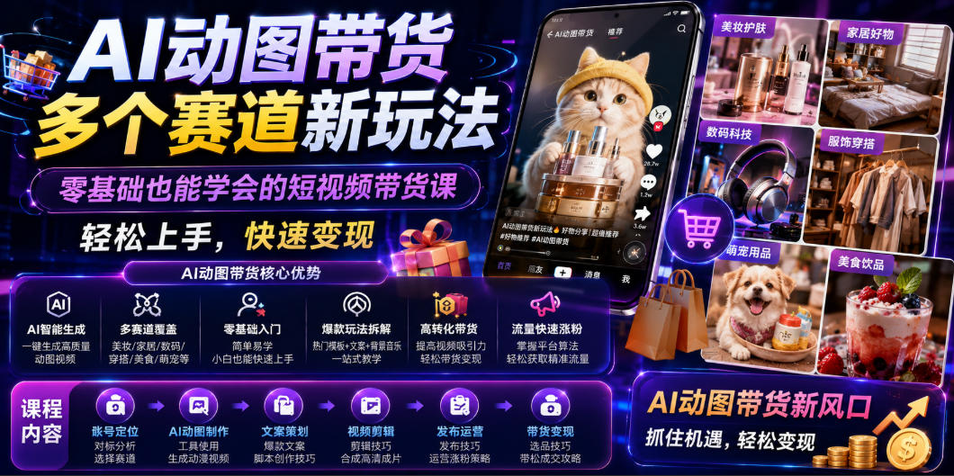 AI动图带货多个赛道新玩法，零基础也能学会的短视频带货课，轻松上手，快速变现 - 52网创-52网创