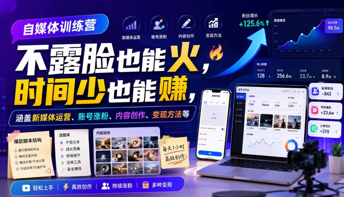 自媒体训练营，不露脸也能火，时间少也能賺，涵盖新媒体运营、账号涨粉、内容创作、变现方法等 - 52网创-52网创