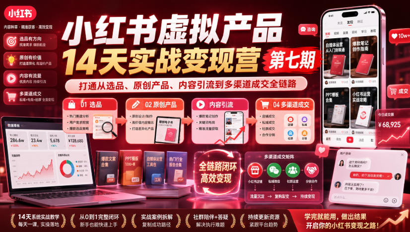 小红书虚拟产品14天实战变现营第七期，打通从选品、原创产品、内容引流到多渠道成交全链路 - 52网创-52网创
