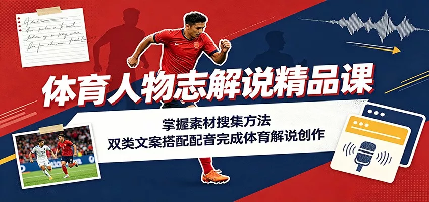 体育人物志解说精品课：掌握素材搜集方法，双类文案搭配配音完成体育解说创作-52网创