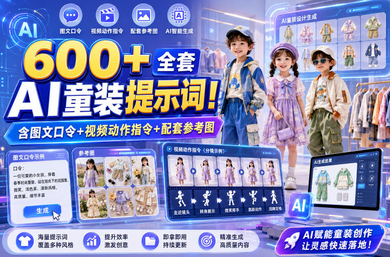 600+全套AI童装提示词！含图文口令+视频动作指令+配套参考图，Word-Excel规整分类，童装电商、种草无脑量产内容！ - 52网创-52网创