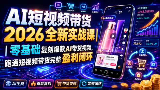 AI短视频带货2026全新实战课｜零基础复刻爆款AI带货视频，跑通短视频带货完整盈利闭环 - 52网创-52网创