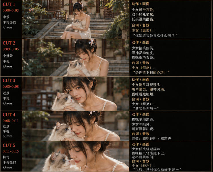 美女和猫故事提示词，人物一致性提示词+故事板 - 52网创-52网创