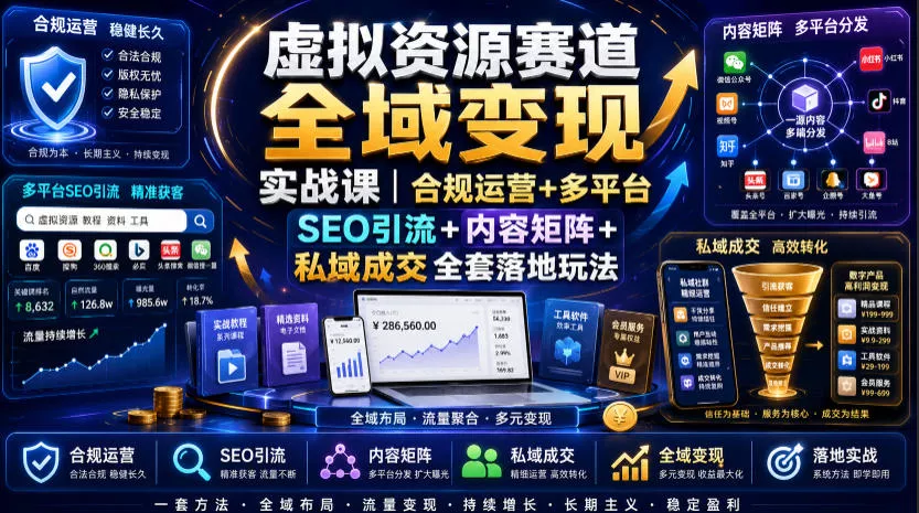 虚拟资源赛道全域变现实战课｜合规运营+多平台SEO引流+内容矩阵+私域成交全套落地玩法 - 52网创-52网创