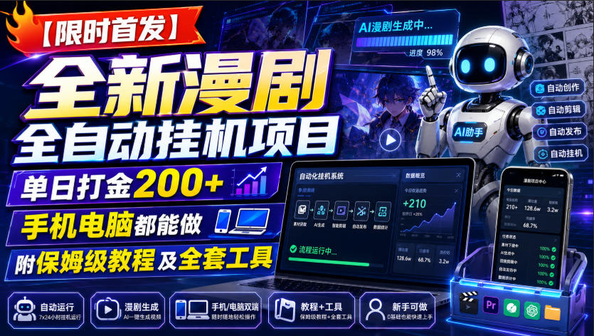 【限时首发】全新漫剧全自动挂G项目，单日打金200+，手机电脑都能做，附保姆级教程及全套工具【揭秘】-52网创