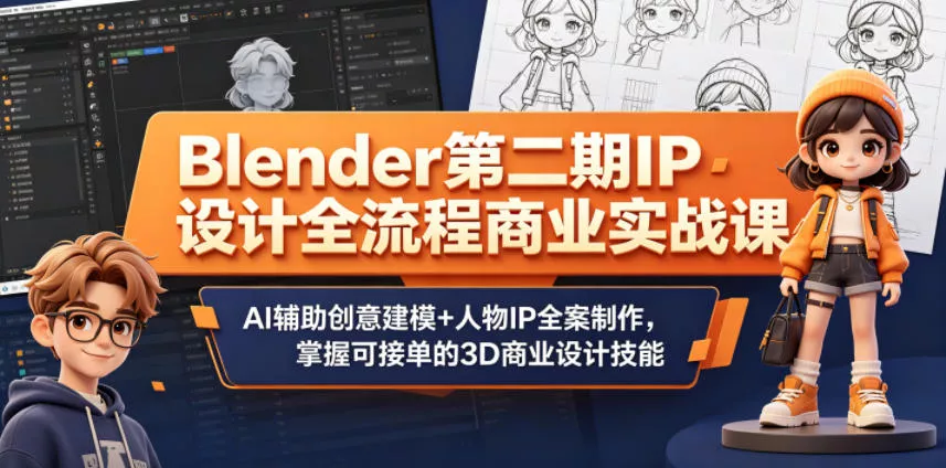 Blender第二期IP设计全流程商业实战课，AI辅助创意建模+人物IP全案制作，掌握可接单的3D商业设计技能 - 52网创-52网创