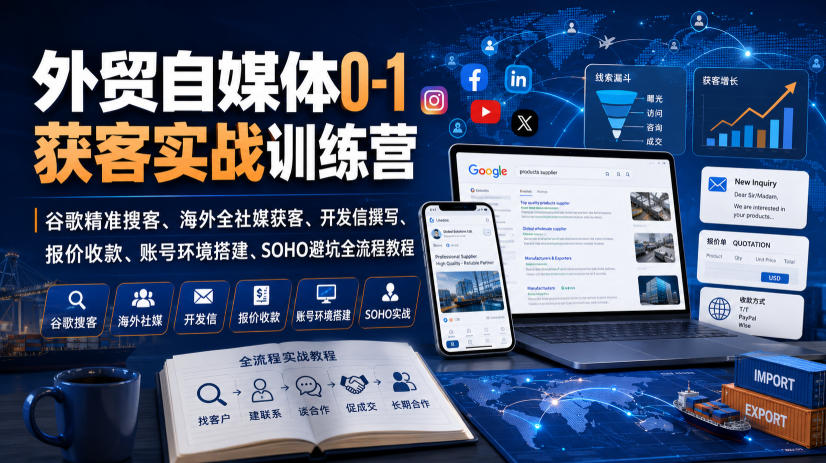 外贸自媒体0-1获客实战训练营｜谷歌精准搜客、海外全社媒获客、开发信撰写、报价收款、账号环境搭建、SOHO避坑全流程教程 - 52网创-52网创