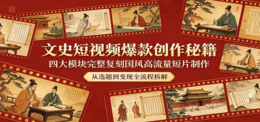 文史短视频爆款创作秘籍：四大模块完整复刻国风高流量短片制作-52网创