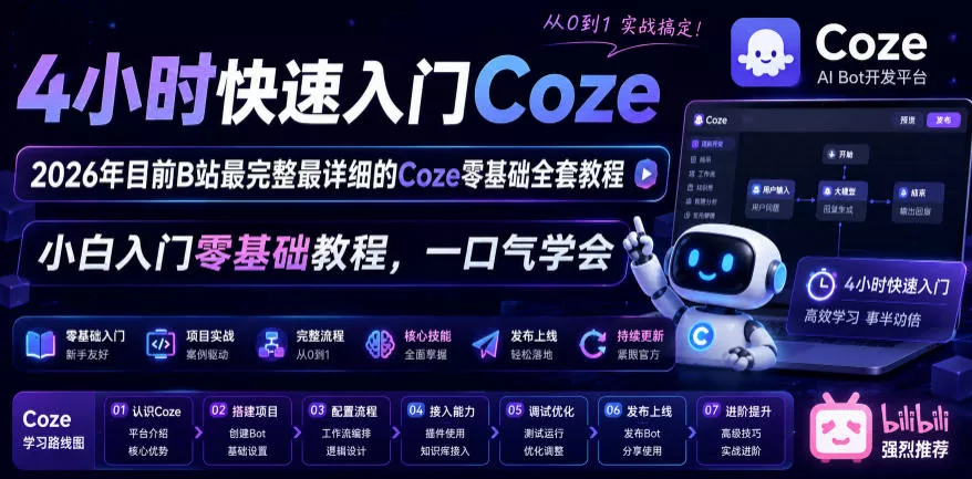 4小时快速入门Coze！2026年目前B站最完整最详细的Coze零基础全套教程，小白入门零基础教程，一口气学会！-52网创
