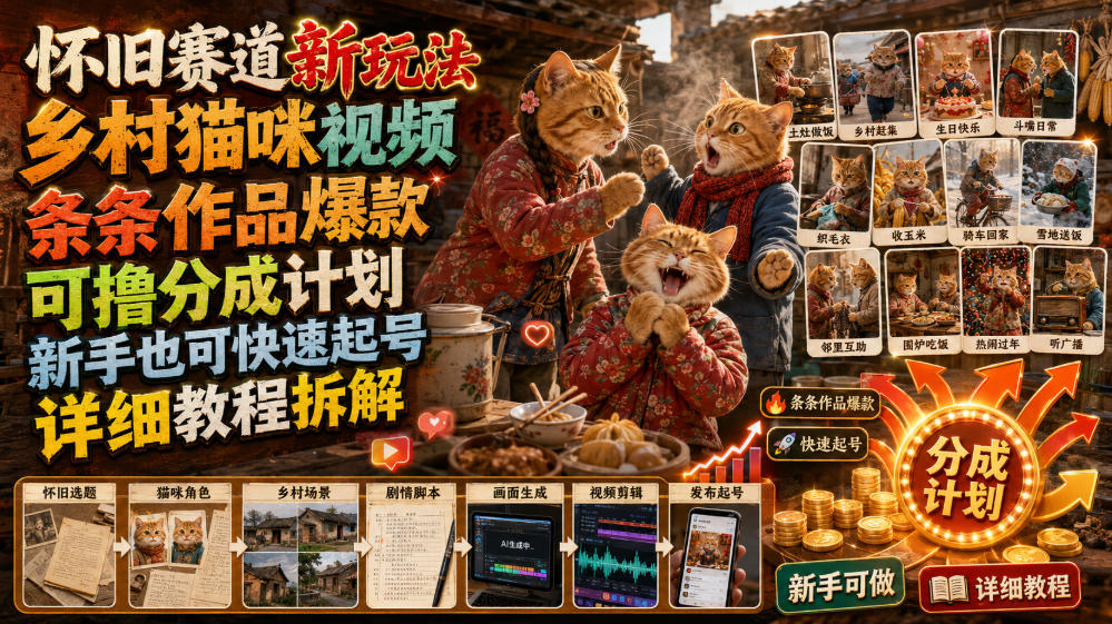 怀旧赛道新玩法，乡村猫咪视频，条条作品爆款，可撸分成计划，新手也可快速起号，详细教程拆解 - 52网创-52网创