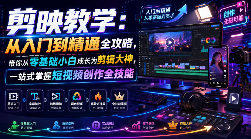 剪映教学：从入门到精通全攻略，带你从零基础小白成长为剪辑大神，一站式掌握短视频创作全技能 - 52网创-52网创