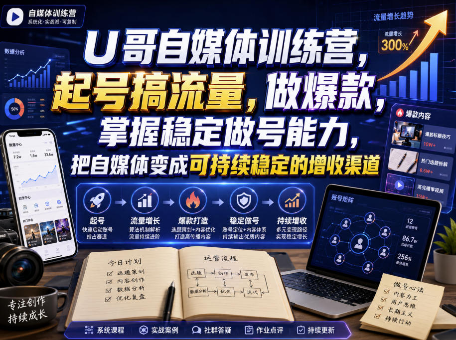 U哥自媒体训练营，起号搞流量，做爆款，掌握稳定做号能力，把自媒体变成可持续稳定的增收渠道-52网创