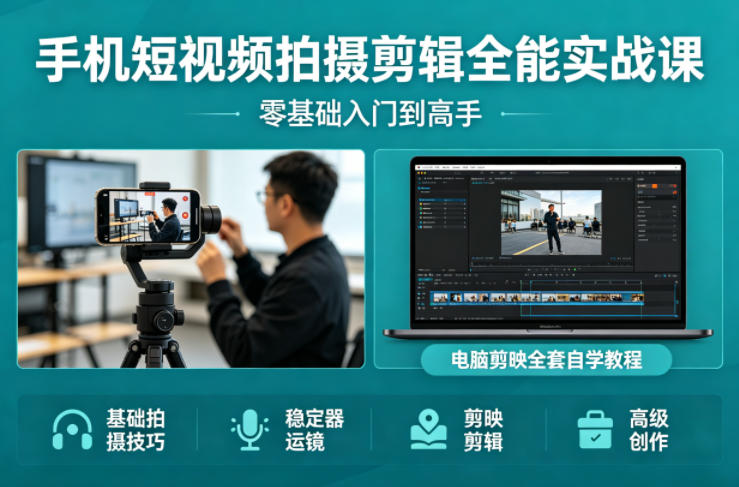 手机短视频拍摄剪辑全能实战课：零基础入门到高手，稳定器运镜+电脑剪映全套自学教程 - 52网创-52网创