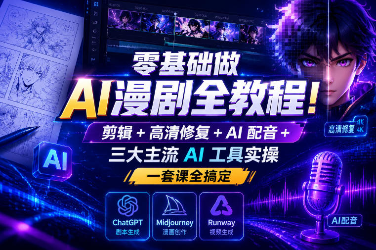 零基础做AI漫剧全教程！剪辑+高清修复+AI配音+三大主流AI工具实操，一套课全搞定 - 52网创-52网创