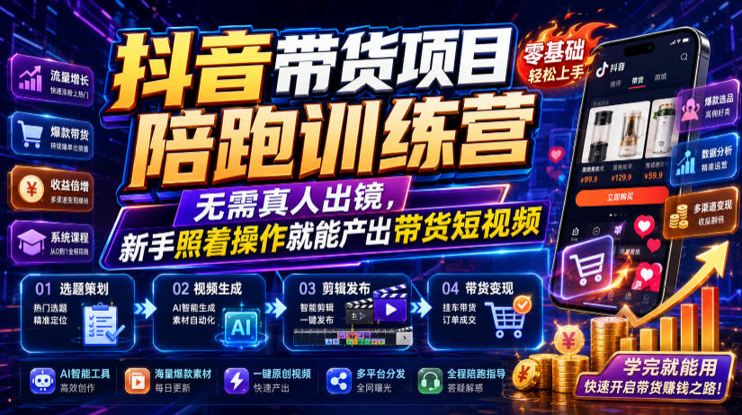 抖音带货项目陪跑训练营，无需真人出镜，新手照着操作就能产出带货短视频（更新0811） - 52网创-52网创