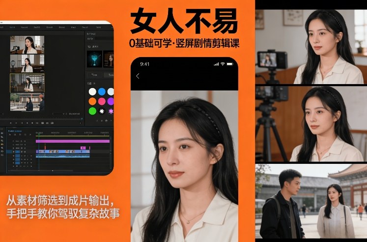 0基础可学！《女人不易》竖屏剧情剪辑课，从素材筛选到成片输出，手把手教你驾驭复杂故事-52网创