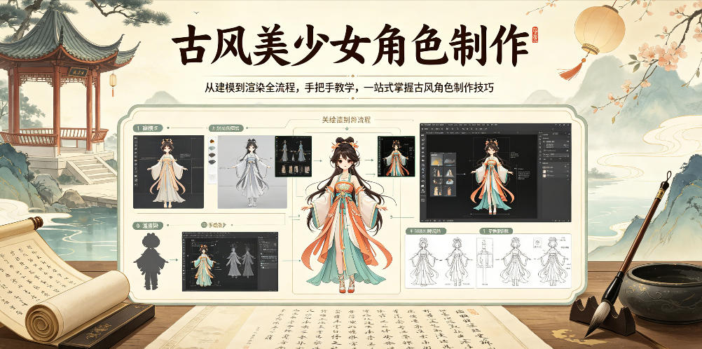 古风美少女角色制作，从建模到渲染全流程，手把手教学，一站式掌握古风角色制作技巧 - 52网创-52网创