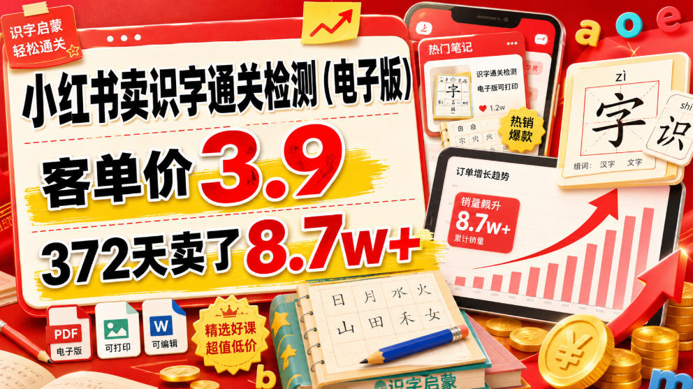 小红书卖识字通关检测（电子版），客单价3.9，372天卖了8.7w+ - 52网创-52网创