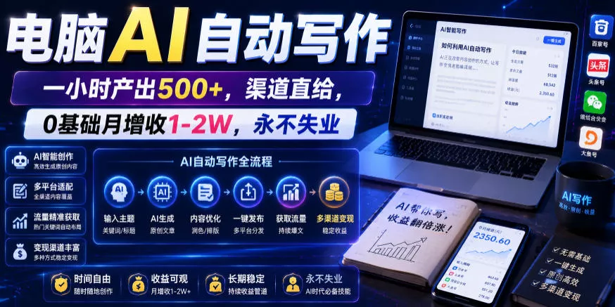 电脑AI自动写作，一小时产出500+，渠道直给，0基础月增收1-2W，永不失业【揭秘】 - 52网创-52网创