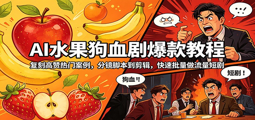 AI水果狗血剧爆款教程：复刻高赞热门案例，分镜脚本到剪辑，快速批量做流量短剧 - 52网创-52网创