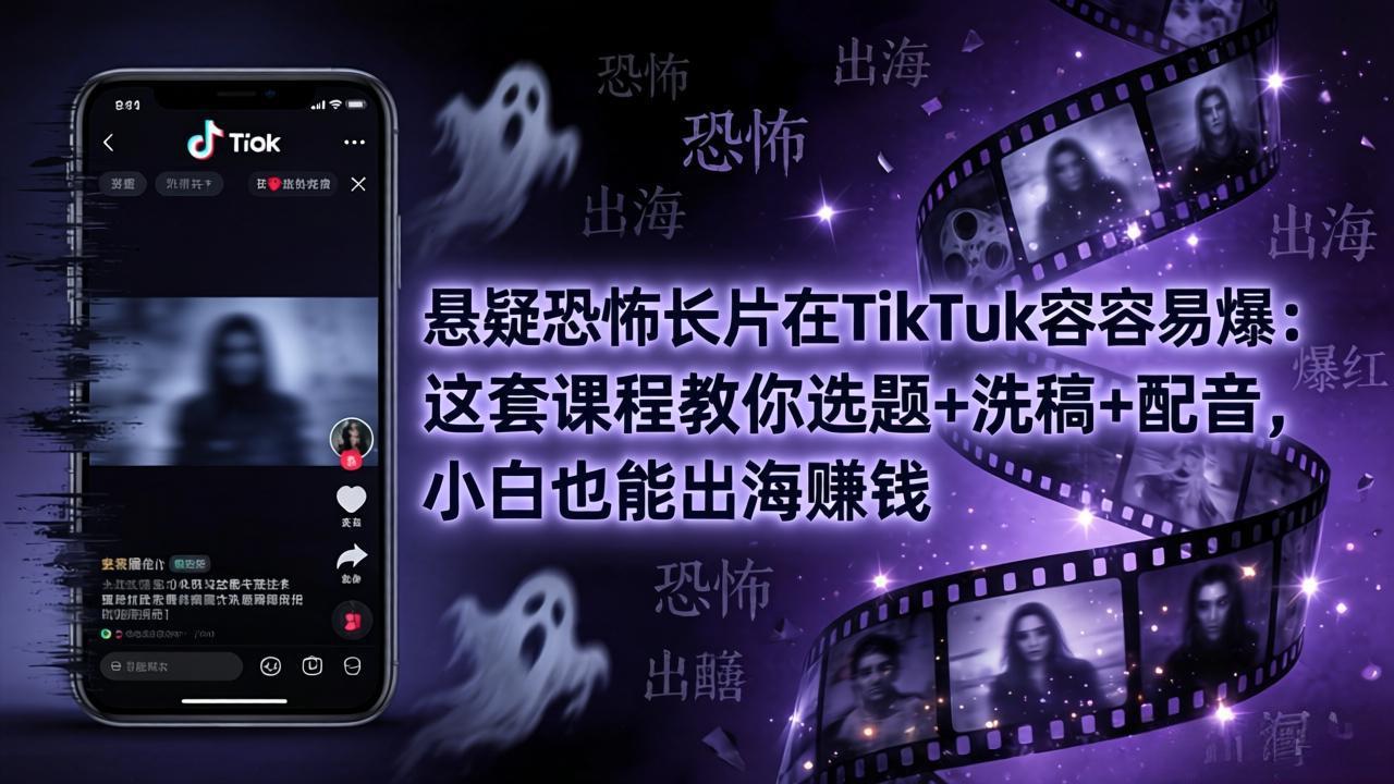 悬疑恐怖长片在TikTok最容易爆：这套课程教你选题+洗稿+配音，小白也能出海赚钱 - 52网创-52网创