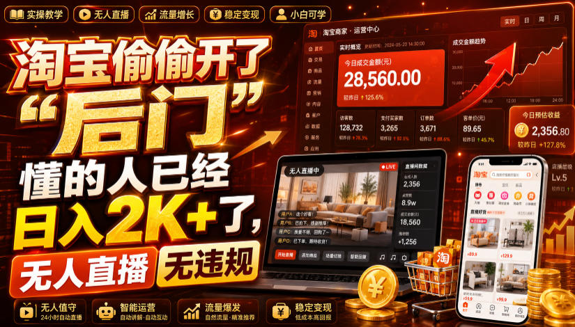 淘宝偷偷开了“后门”，懂的人已经日入2K+了，无人直播无违规，一台电脑=一家24小时营业的线上门店【揭秘】-52网创