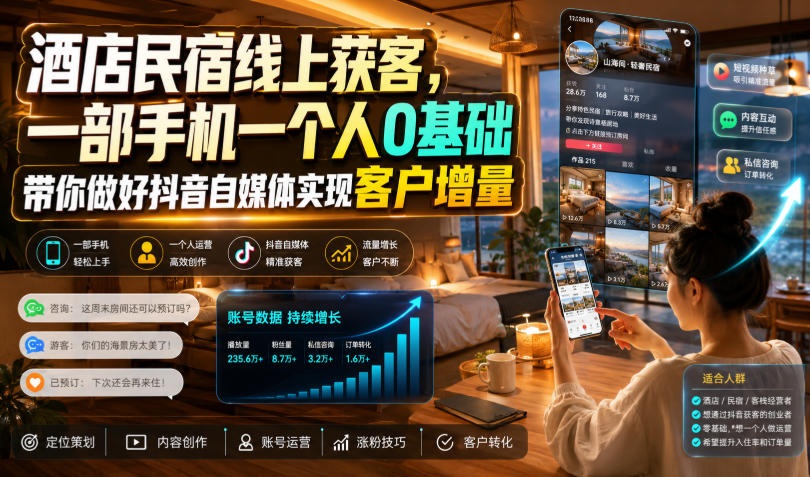 酒店民宿线上获客，一部手机一个人0基础带你做好抖音自媒体实现客户增量 - 52网创-52网创