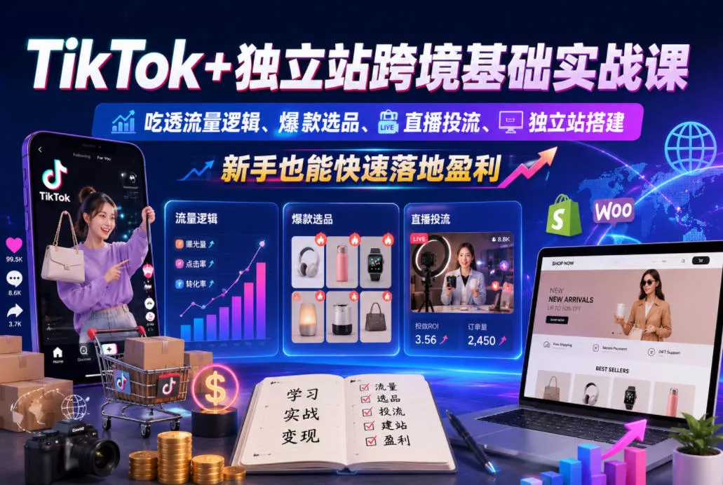 TikTok+独立站跨境基础实战课，吃透流量逻辑、爆款选品、直播投流与独立站搭建，新手也能快速落地盈利 - 52网创-52网创
